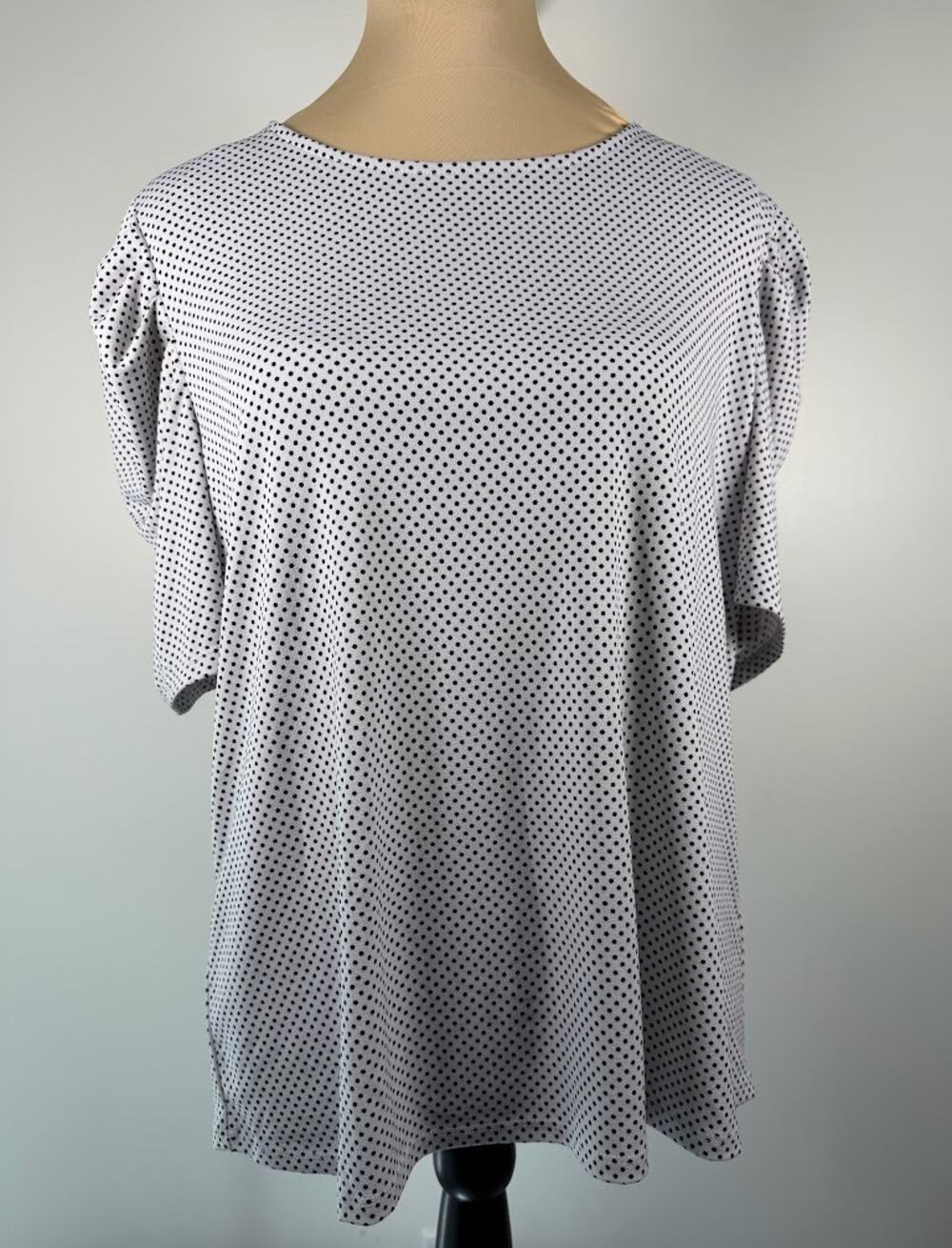 Adrianna Papell Womens Short Puff Sleeve Top L White Black Polka Dot Stretch
